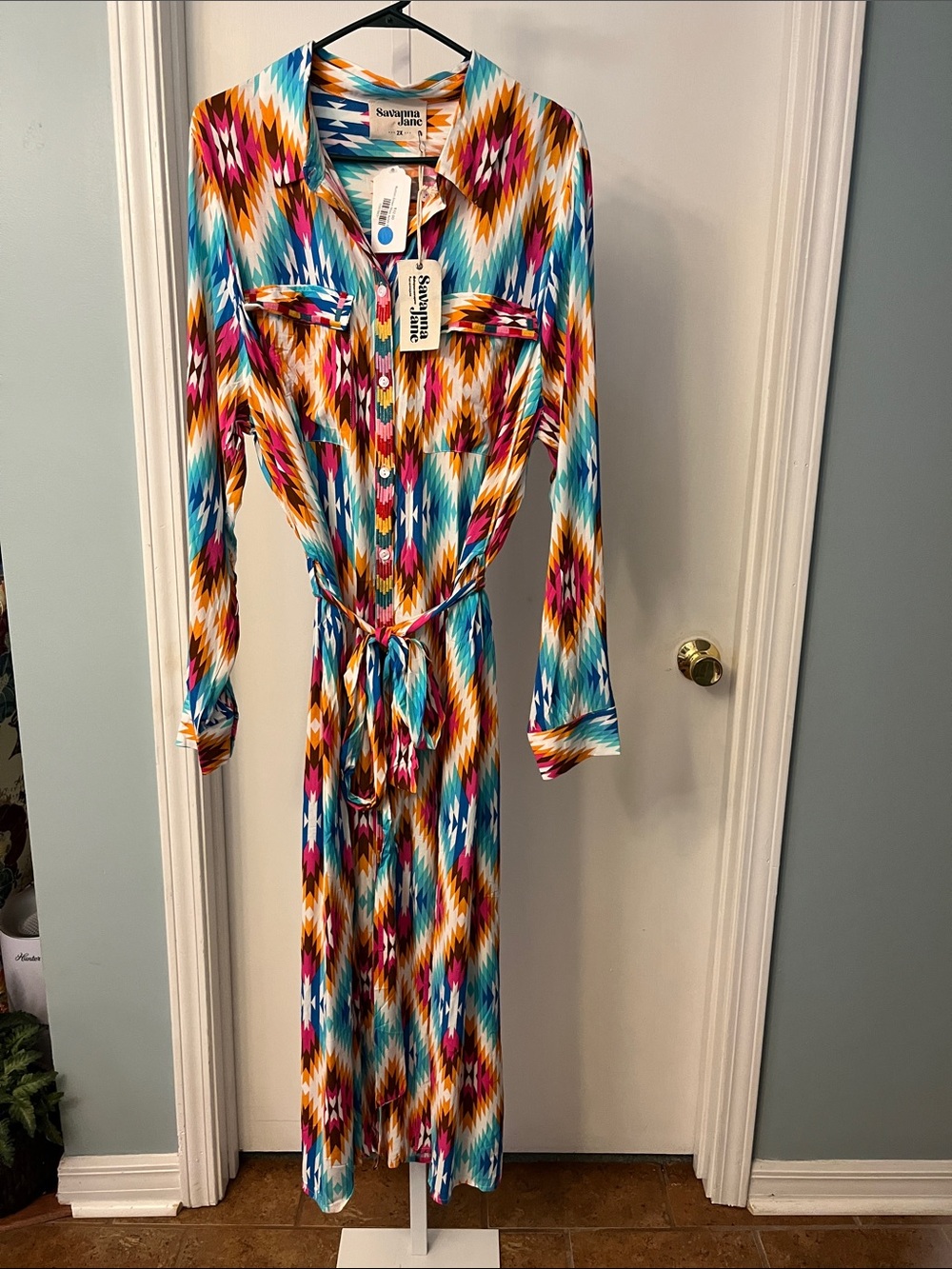 Savanna Jane Turquoise, Magenta & Gold Ikat Maxi Shirt Dress